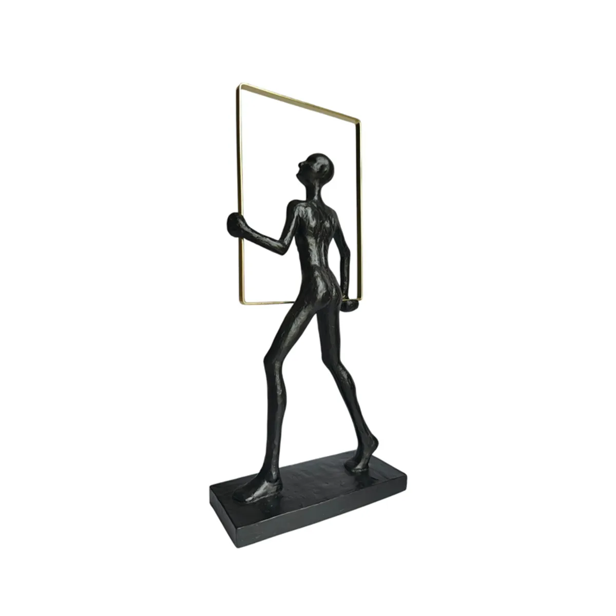 Rear angled view of the black abstract human figurine on its base