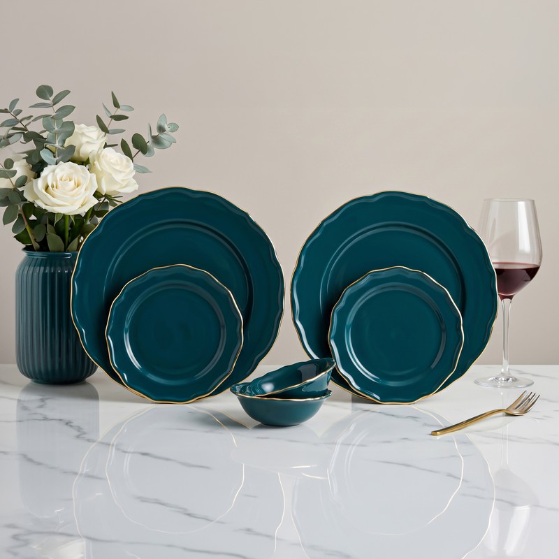 Westcott Porcelain Dinner Set (Dark Teal & Gold) - 6 Piece Set