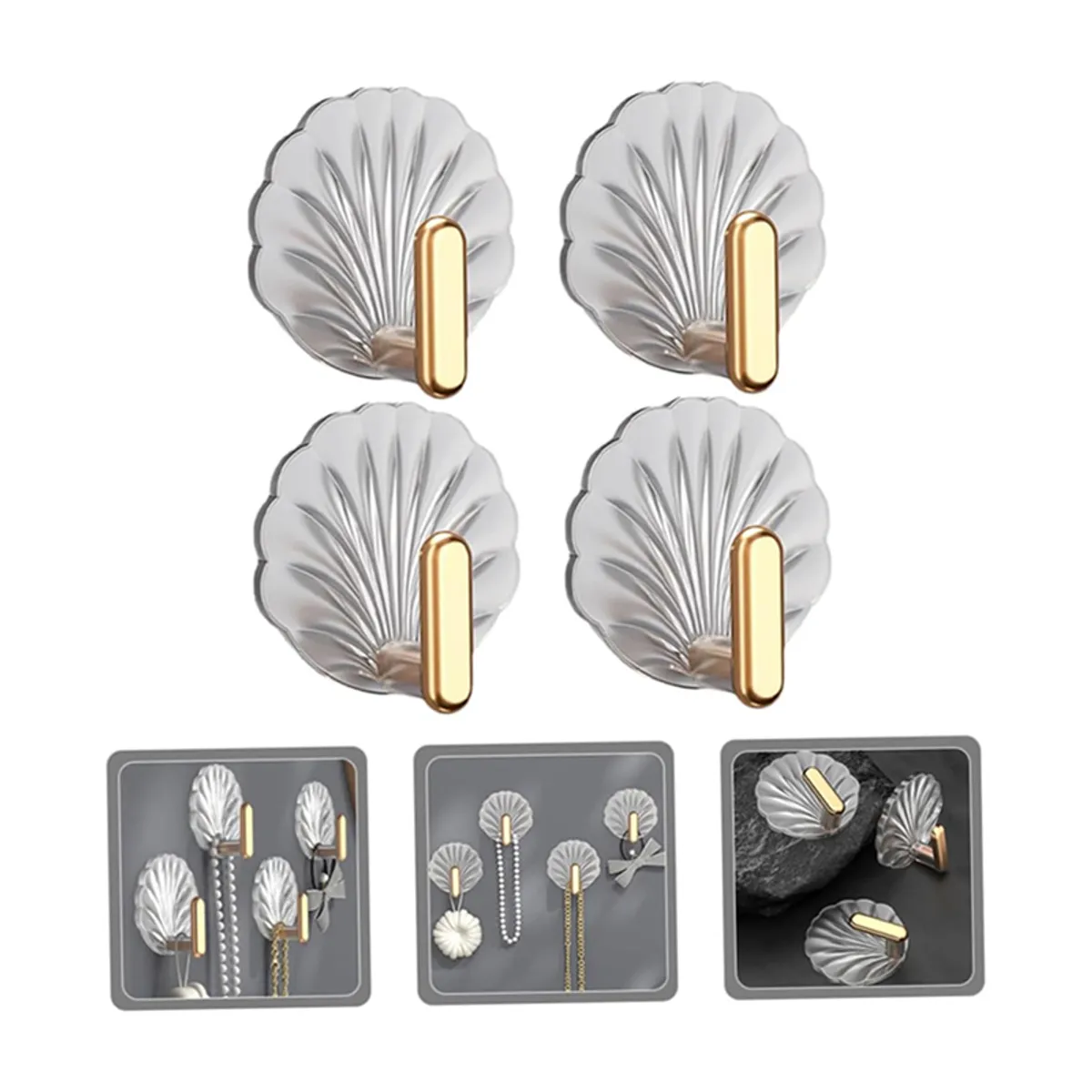 Four transparent shell-shaped wall hooks arranged against a white background