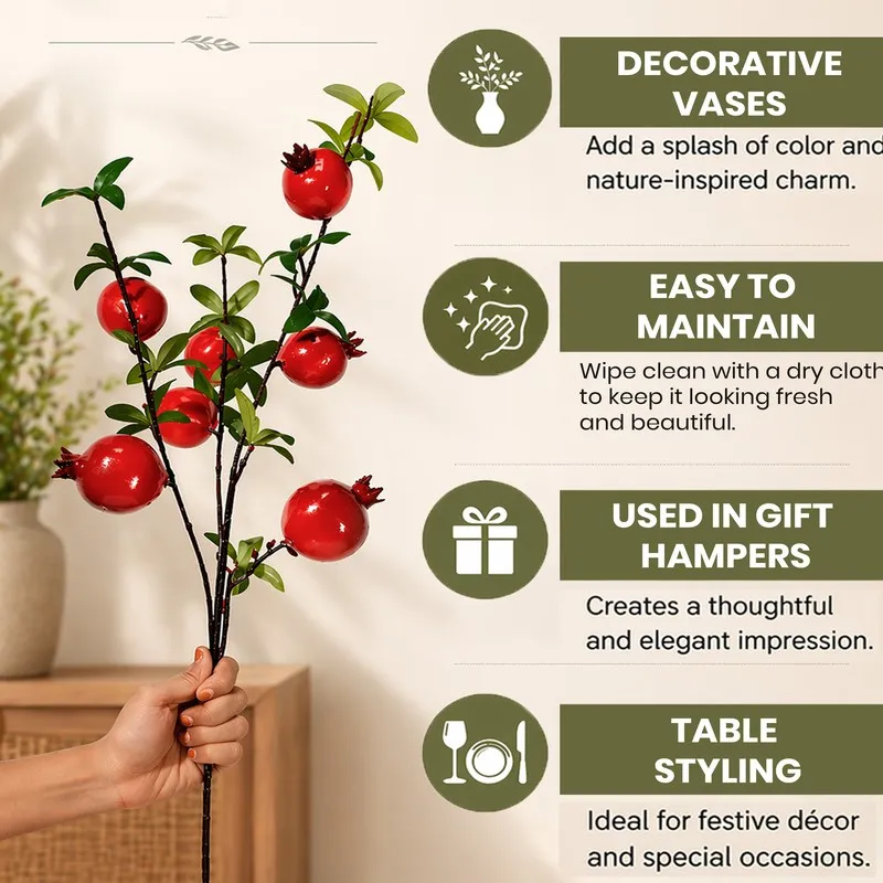 Artificial pomegranate branch held beside decorative use icons and text