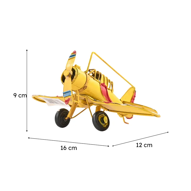 Yellow airplane showpiece with dimensions shown in the image