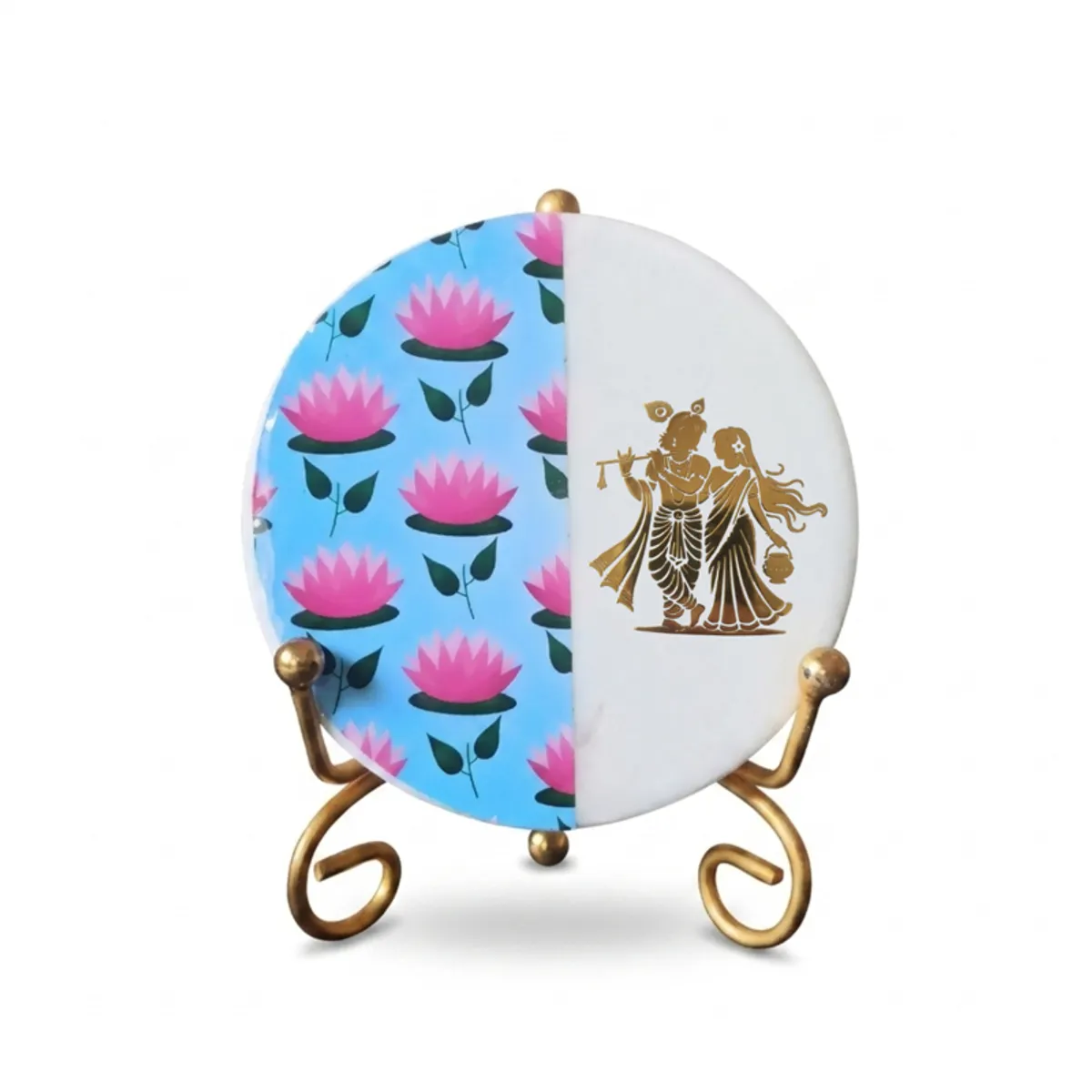 Front view of a round marble showpiece on a gold stand against a white background
