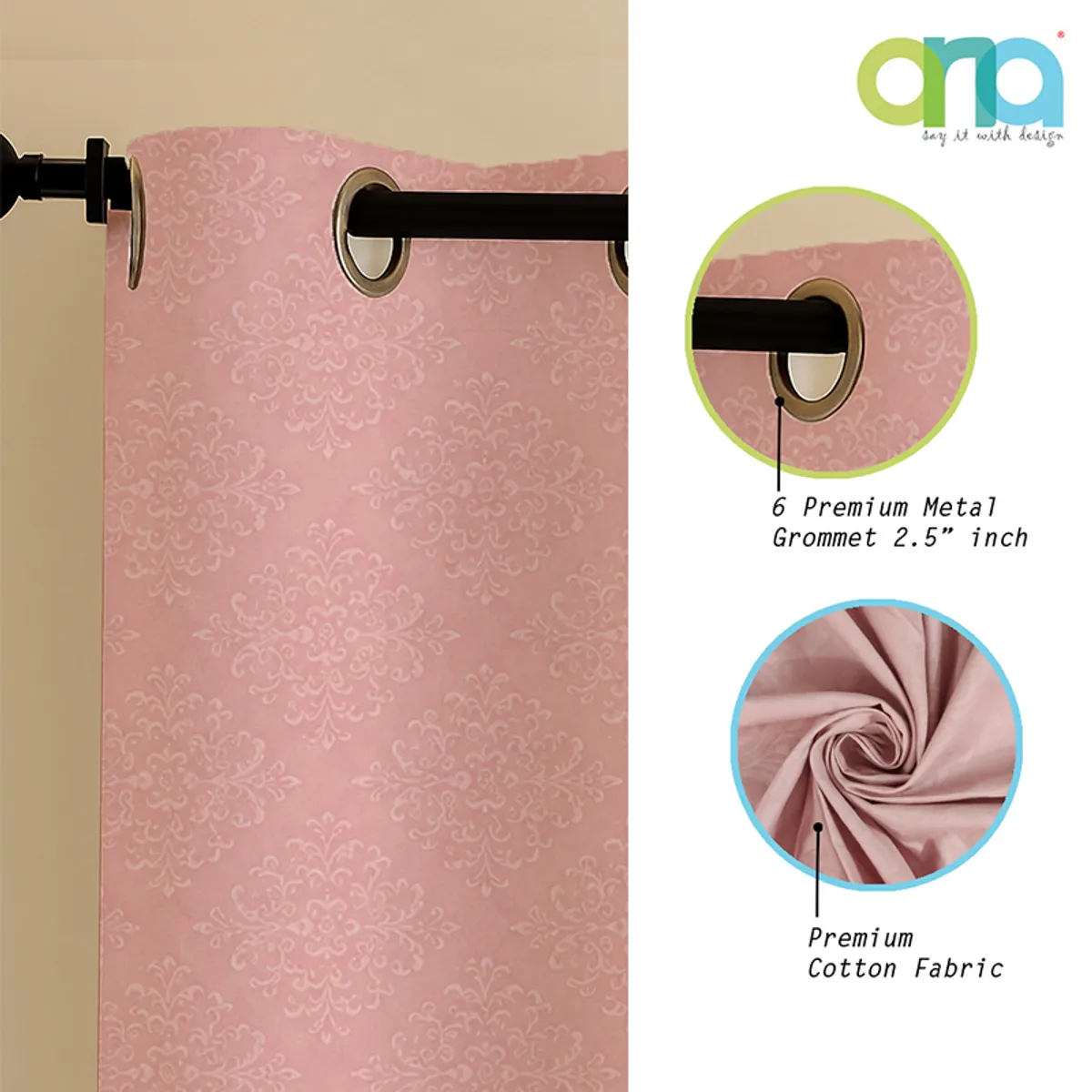 Close-up of pink curtain fabric and metal eyelets on a curtain rod