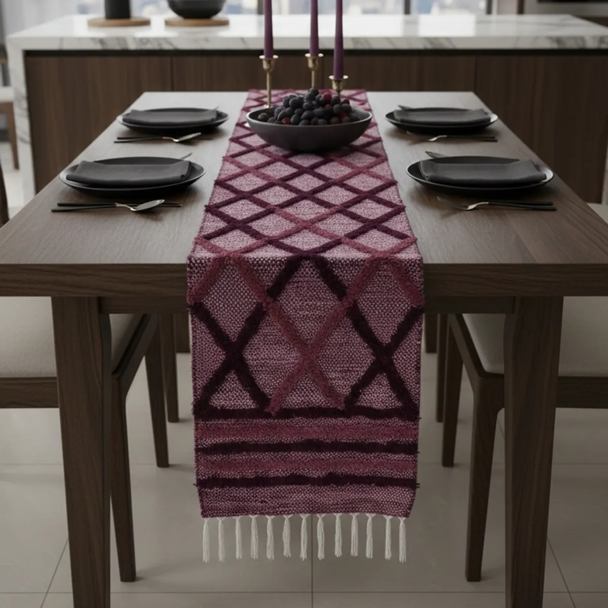 Purple geometric table runner displayed on a modern indoor dining table