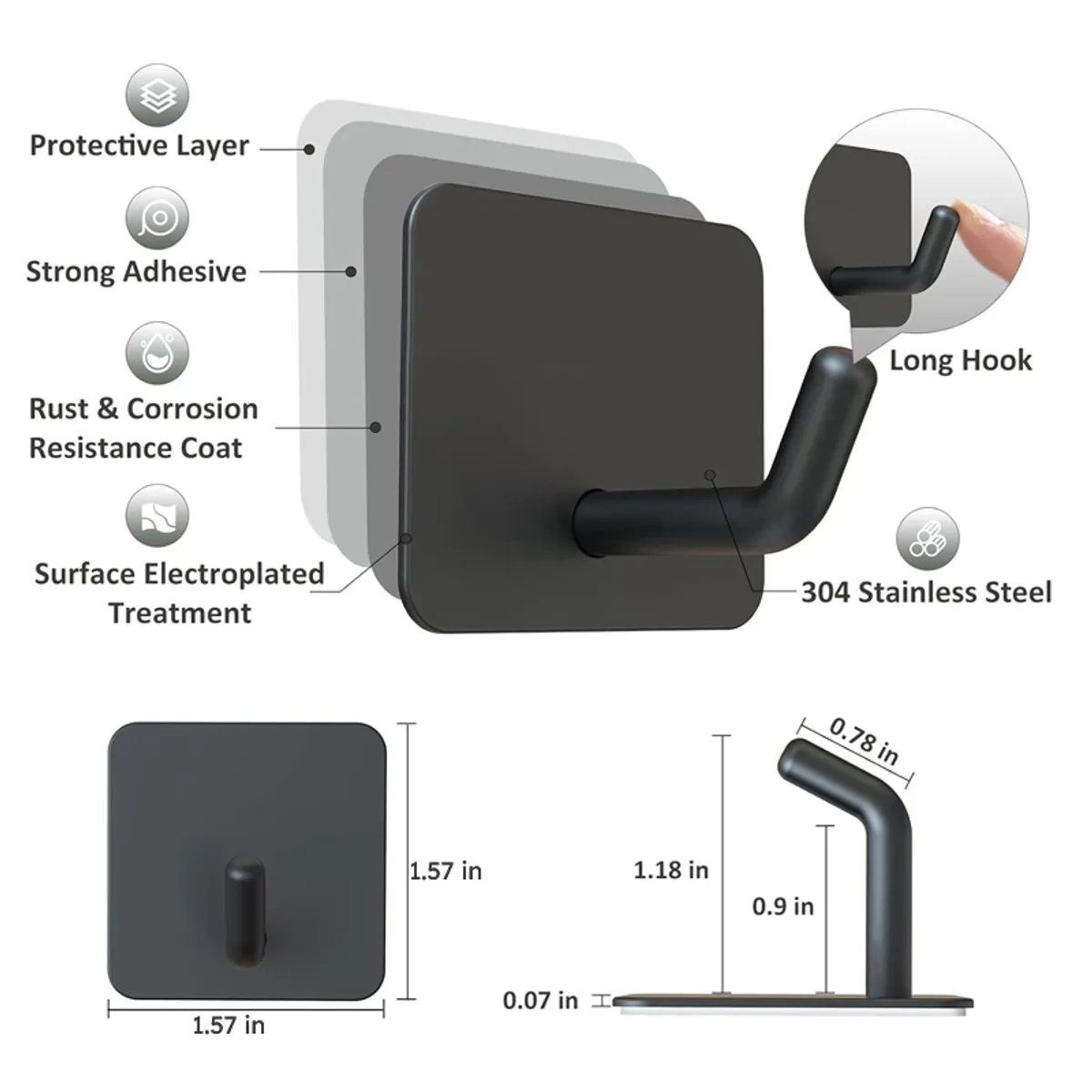 Close-up of a black adhesive hook with layered backing and dimension diagram