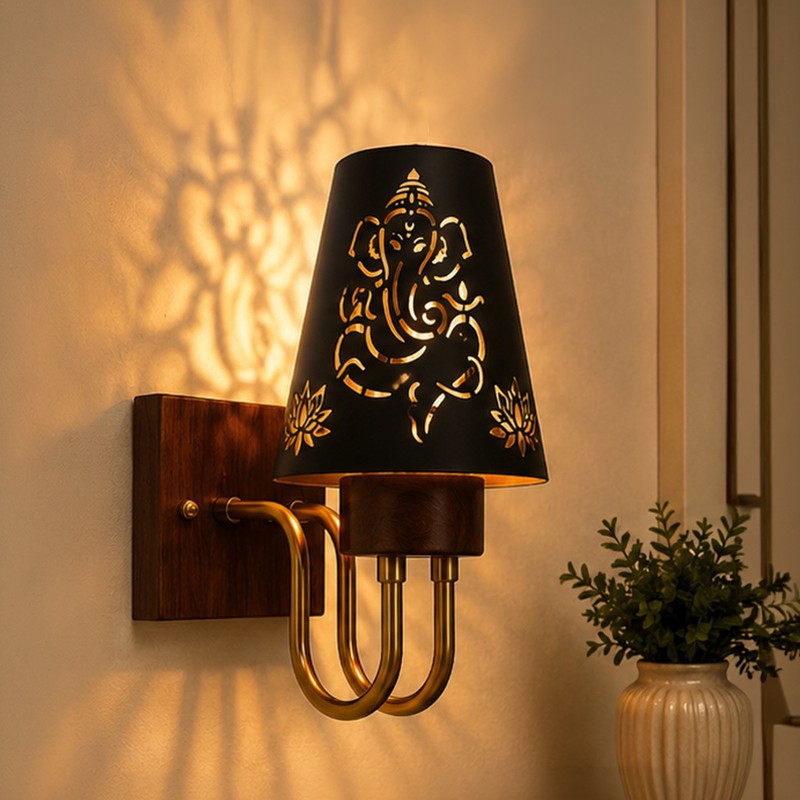 Regal Ganesha Metal Wall Lamp - Black