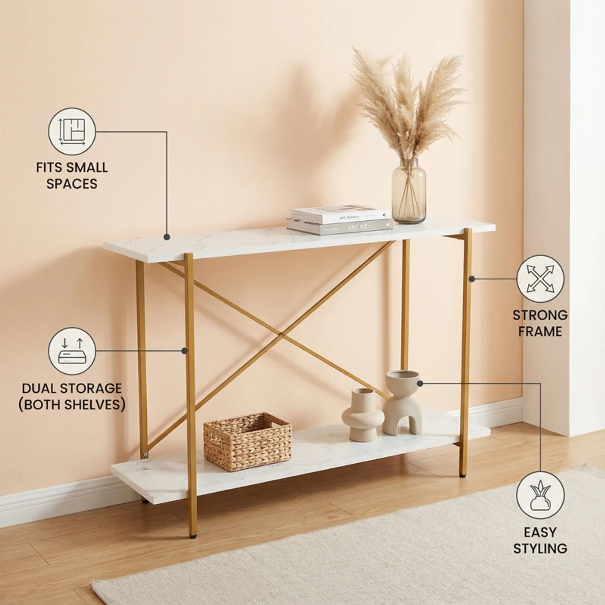 Two-tier console table highlighting its slim profile and strong crossed frame.