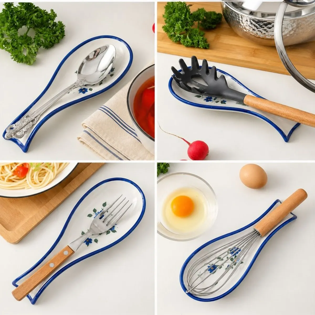 Blue ceramic spoon rest displayed with kitchen utensils and ingredients