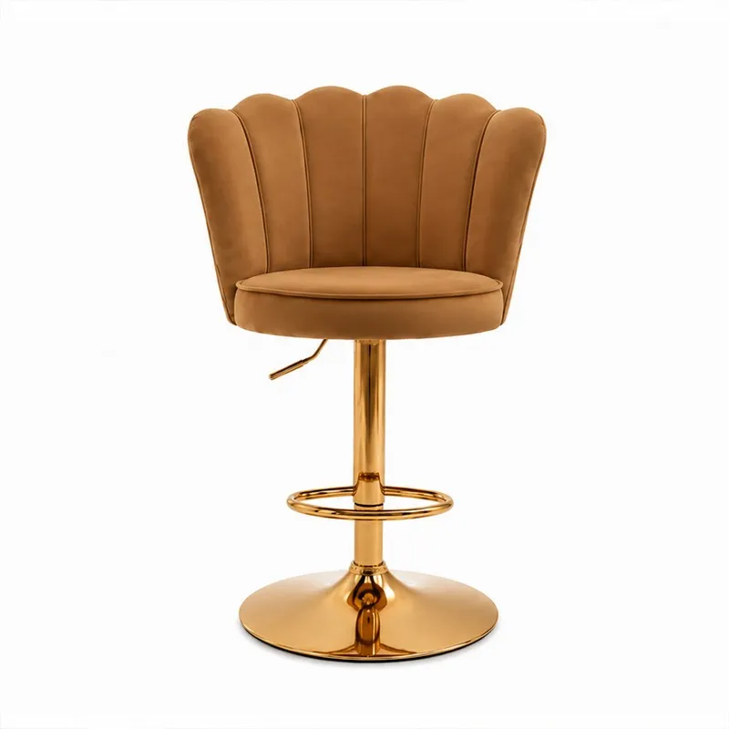 Front view of brown velvet bar chair with scalloped back and gold-toned pedestal base