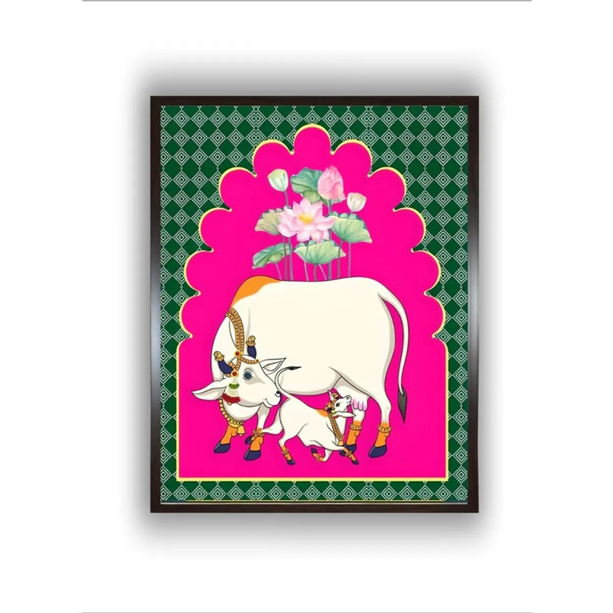 Front view of mother calf lotus artwork in a dark frame