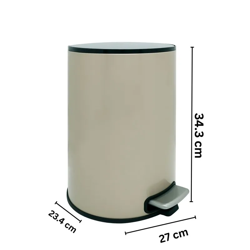Beige cylindrical pedal dustbin with dimensions shown