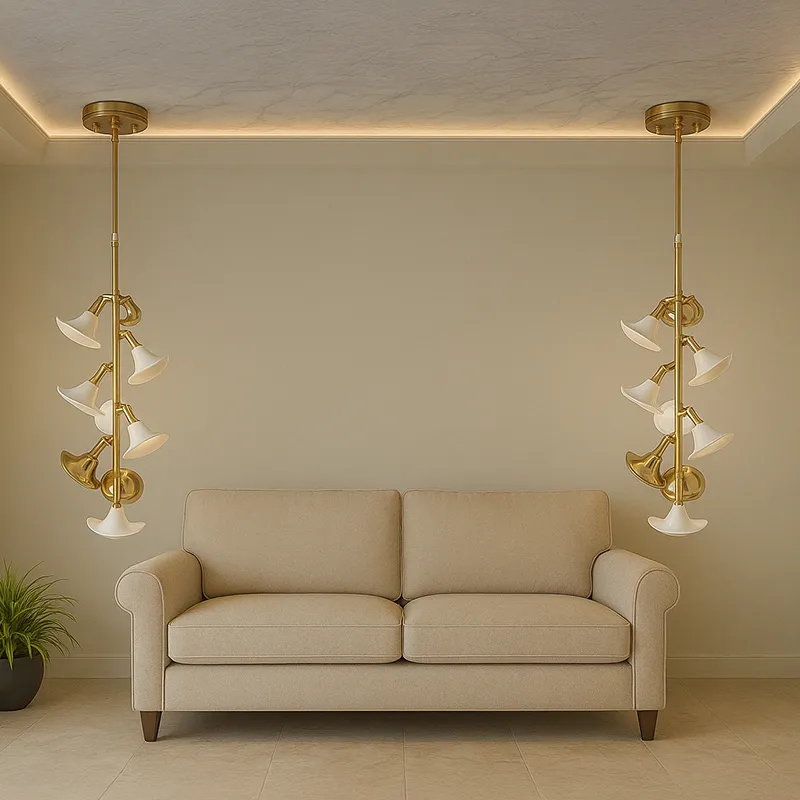Two sculptural gold and white pendant lamps above a beige sofa