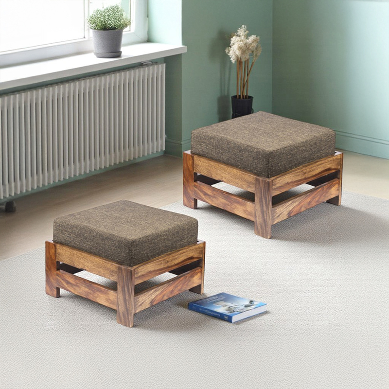 Lynex Sheesham Wooden Stool With Cushions (Brown) - Set of Two