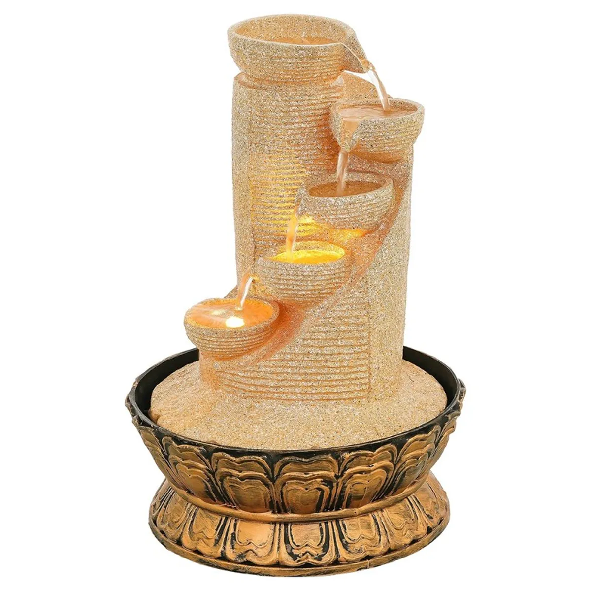 Isolated front view of ivory cascading fountain with glowing LED bowls