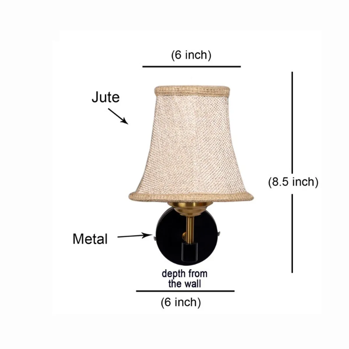 Beige jute wall lamp with visible height and depth measurement markings