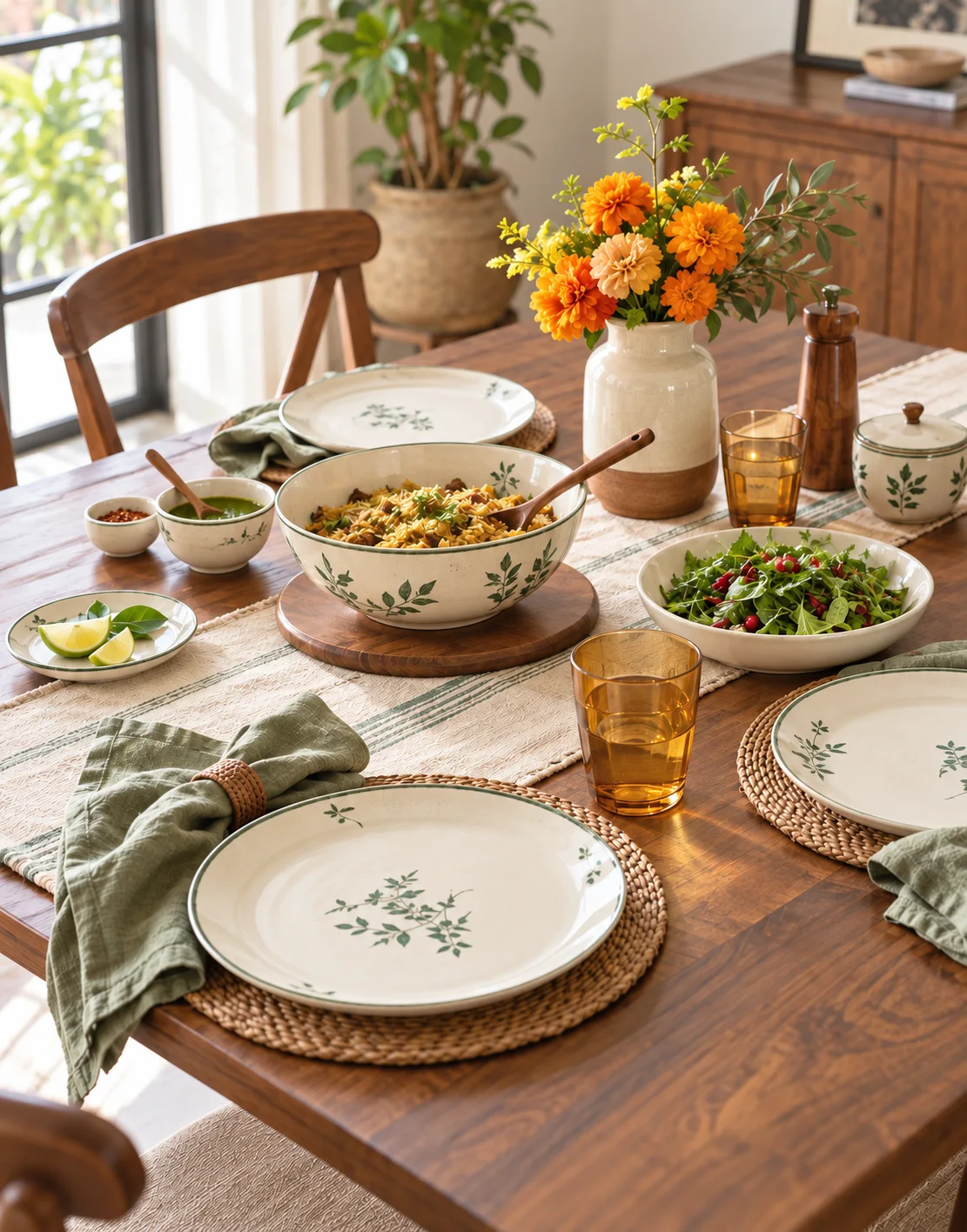 Green-patterned ceramic plates, amber glasses and marigolds on a wooden dining table