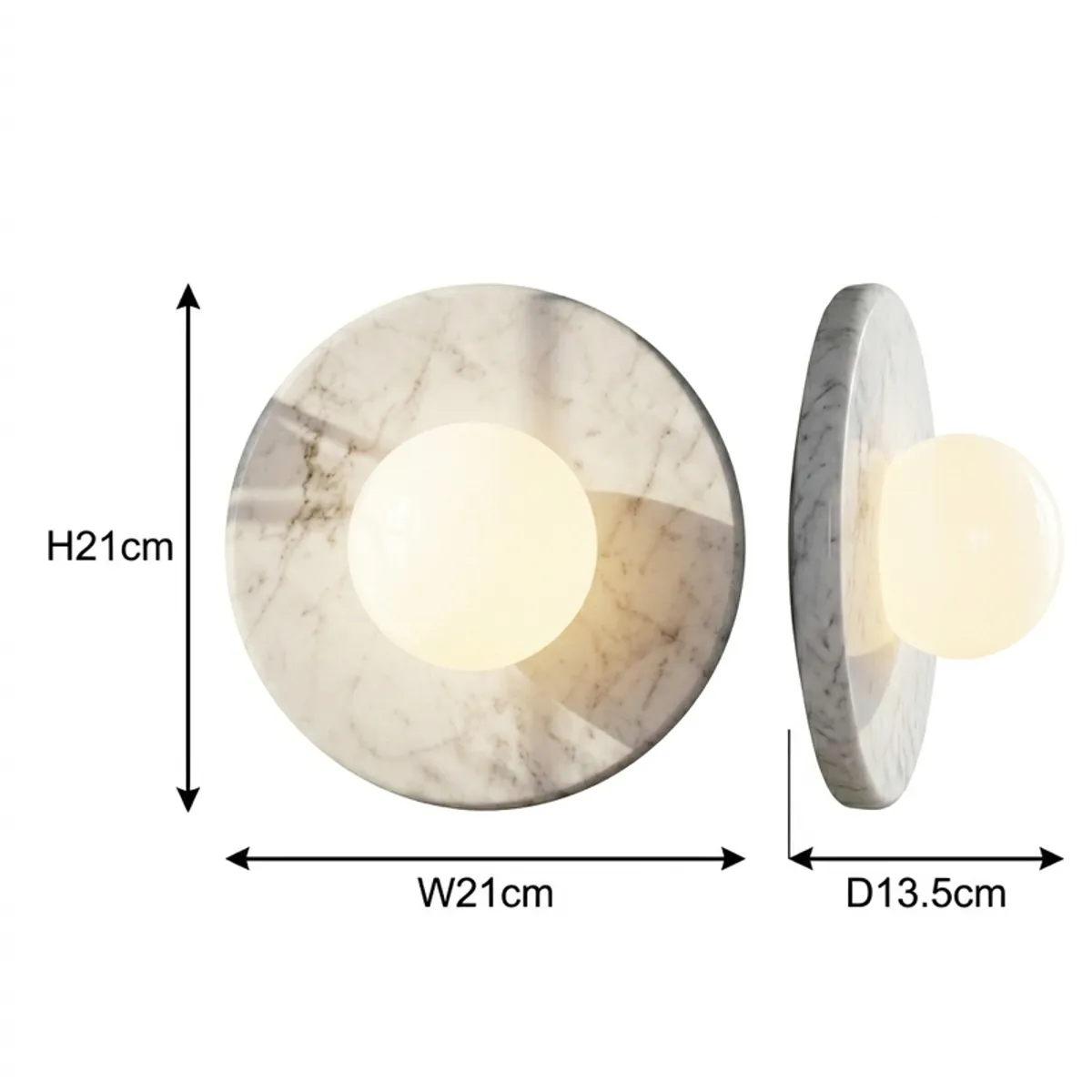 Mooncrest wall lamp shown from front and side with height, width and depth arrows