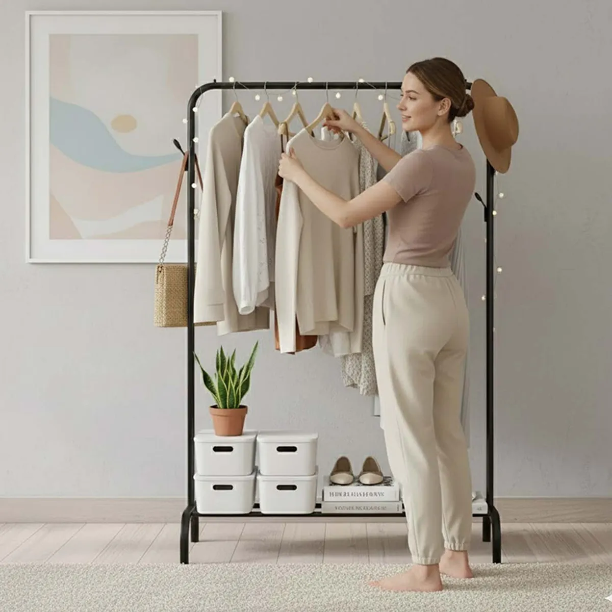 Black metal clothes rack styled with clothes, hat and bag