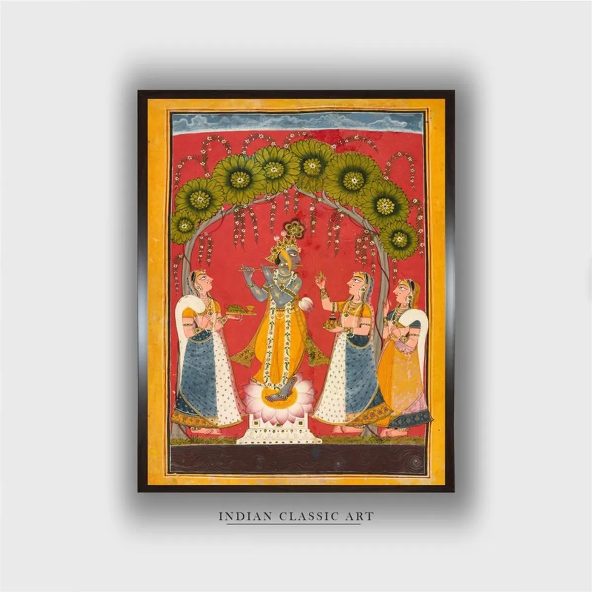 Rectangular framed Krishna devotees artwork with floral arch and multicolour detailing