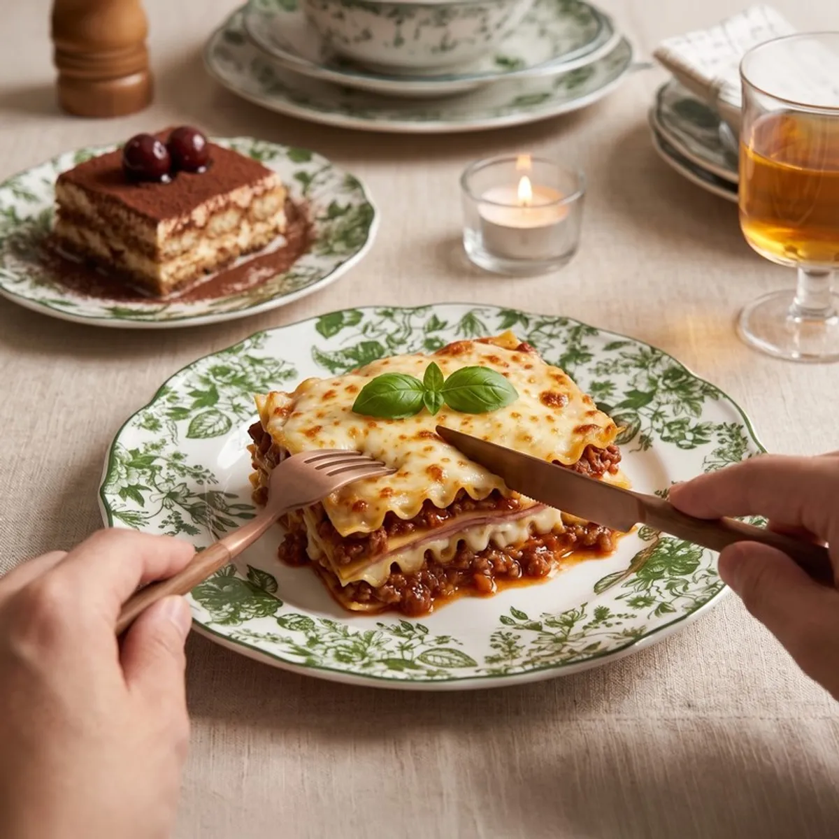 Green floral dinner plate with a scalloped edge holding lasagna