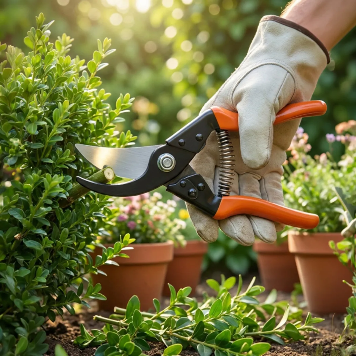 Gloved hand using an orange-handled secateur to prune a leafy garden shrub