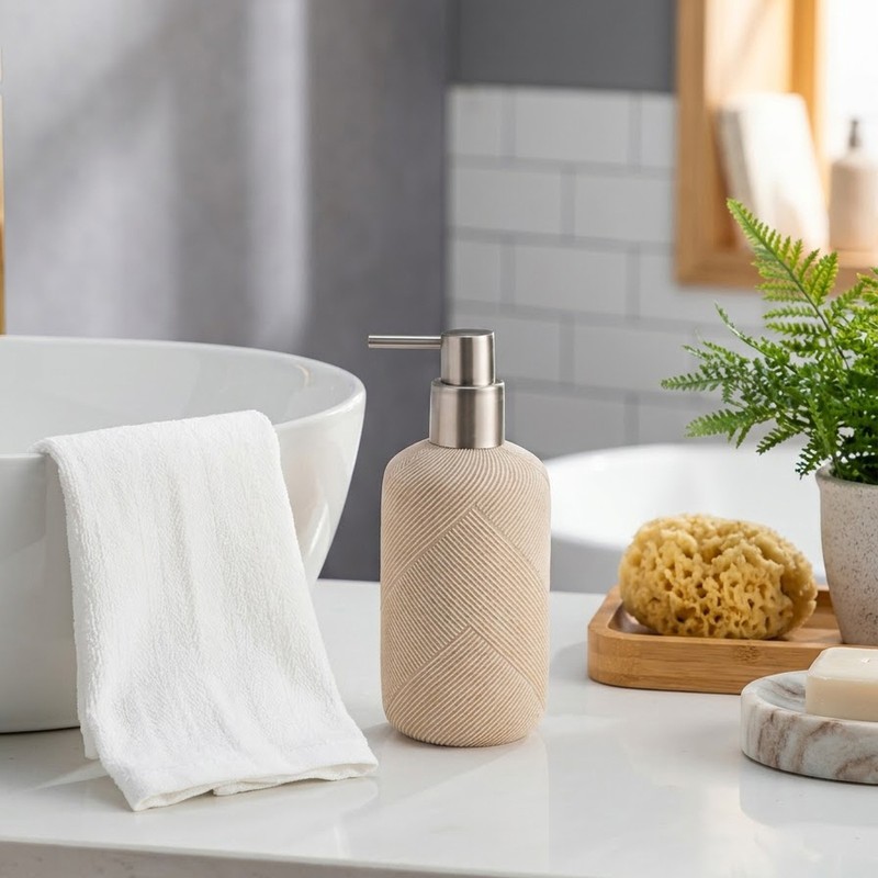 Diamond Pattern Polyresin Soap Dispenser (Beige) - 420 mL - 420 mL