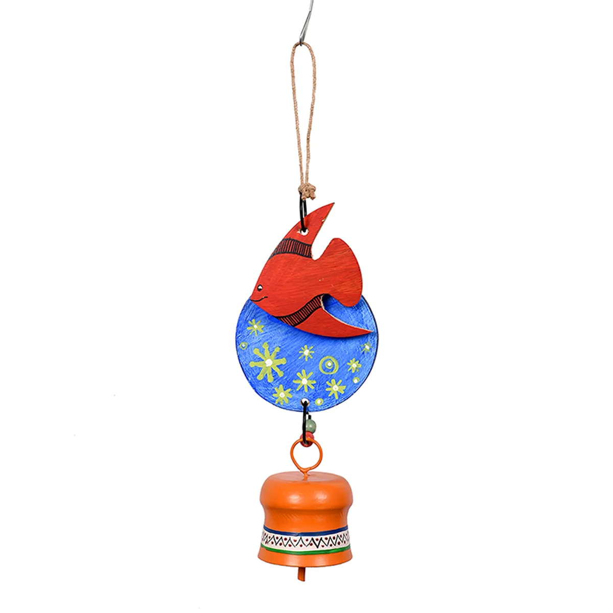 Close view of red fish windchime with blue disc and orange bell
