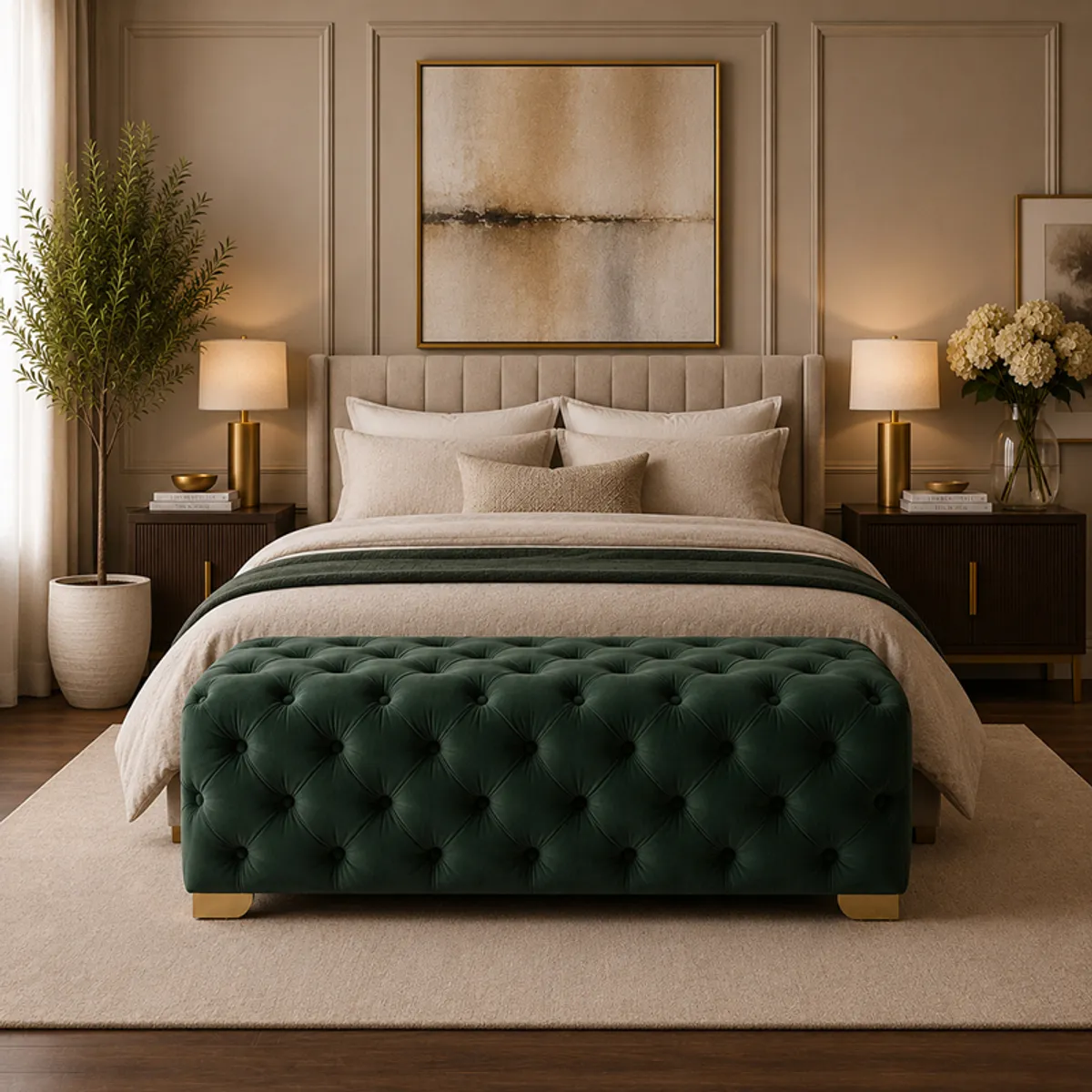 Green velvet button-tufted bench placed at the foot of a bed