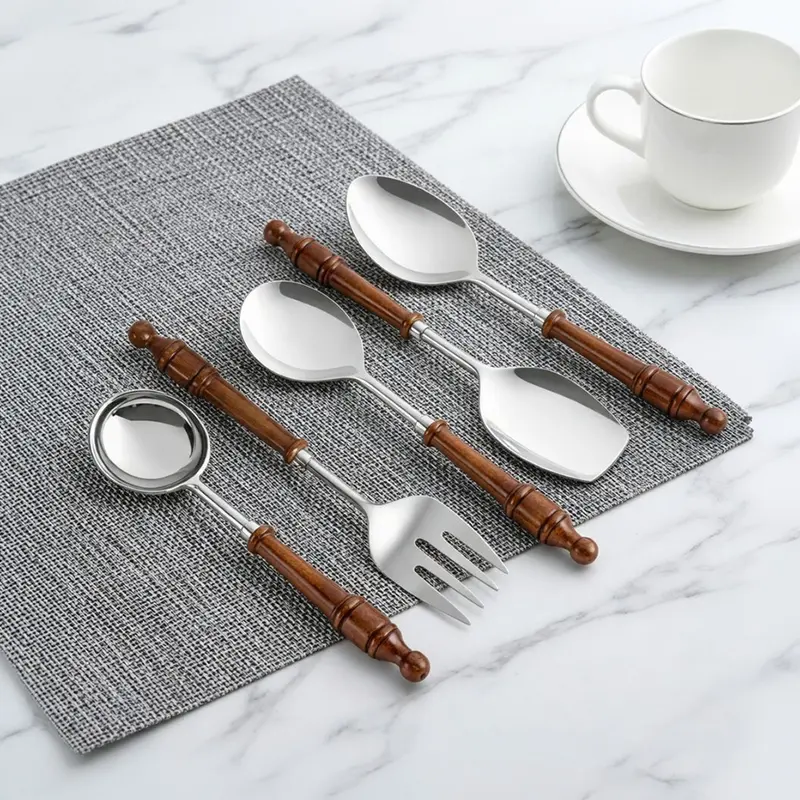 Oak Spiral Stainless Steel & Wood Serving Spoon - Five Piece Set