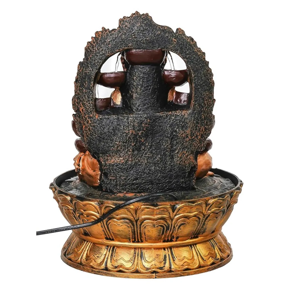 Rear view of the Buddha LED fountain showing the back structure and cord