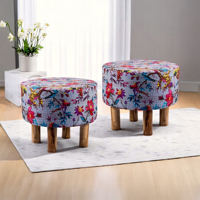 Kverix Acacia Wooden Ottomans (Grey) - Set Of Two