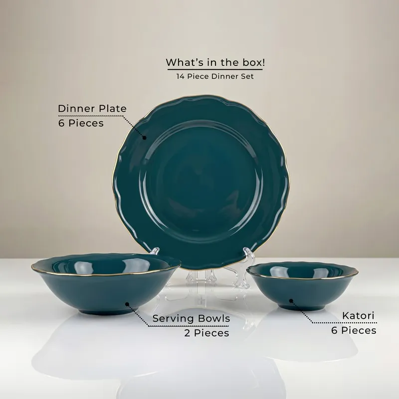 Single dark teal plate with two matching bowls