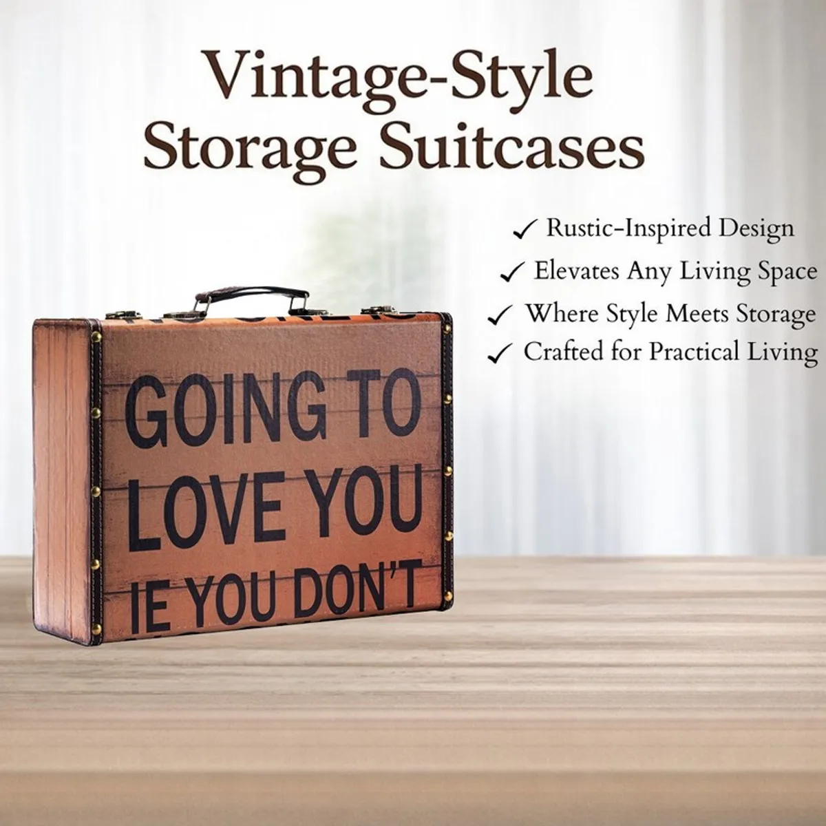 Vintage-style brown storage suitcase with bold lettering on a light backdrop