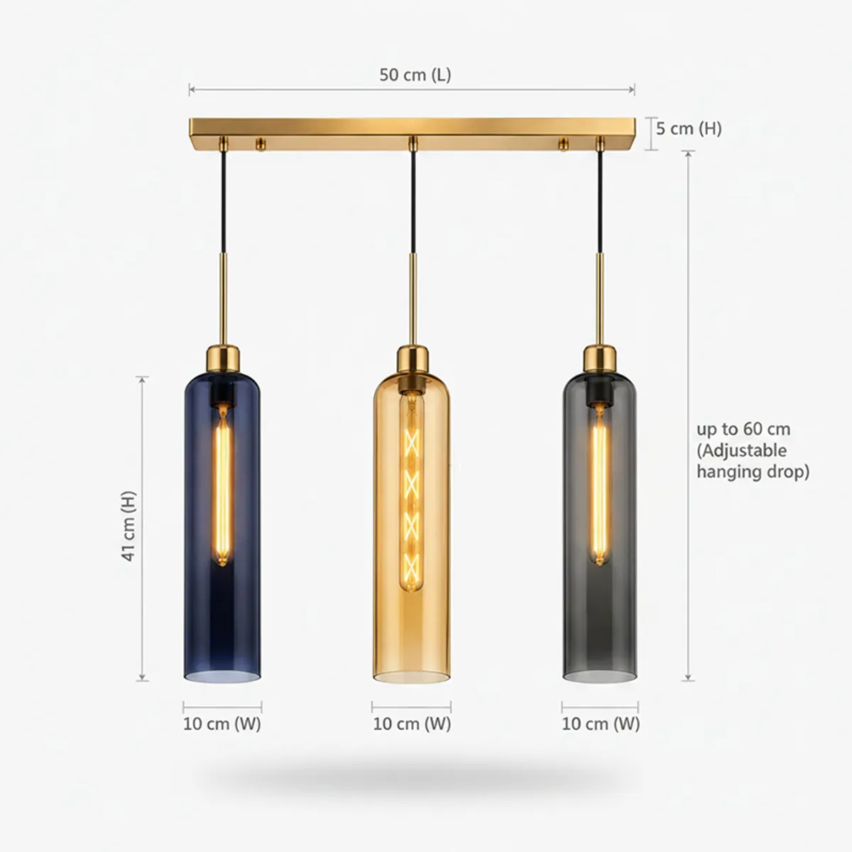 Dimension view of three-light pendant lamp with adjustable hanging drop
