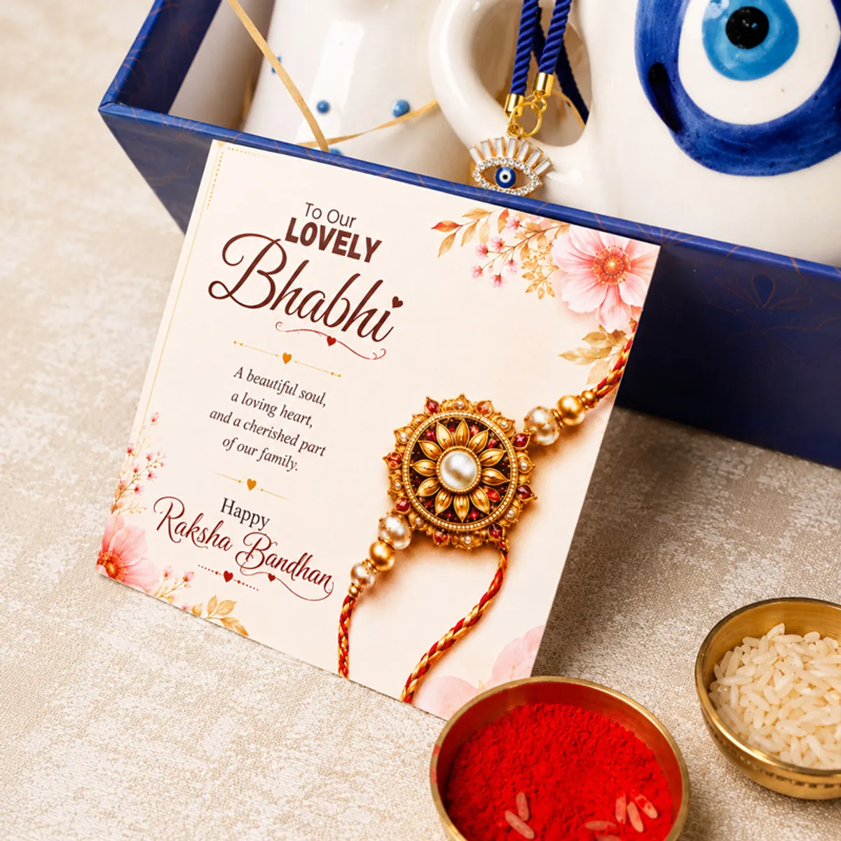 Rakhi greeting card with an ornate gold design beside roli and chawal bowls