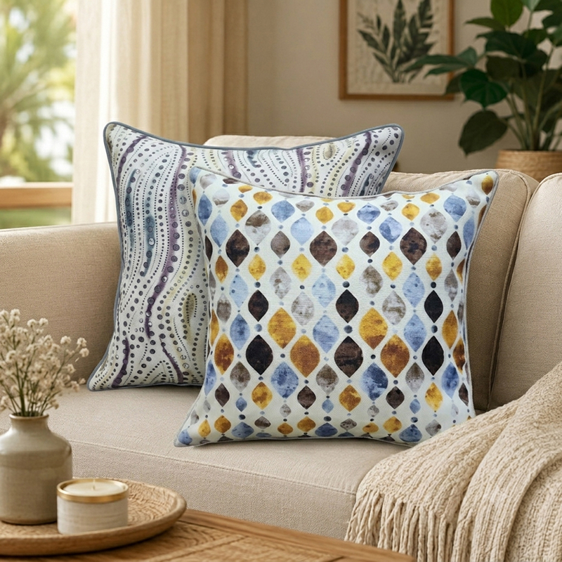 Diamond Ikat Printed Cushion Covers (Purple,Blue) - set of Two - 16 x 16 Inches