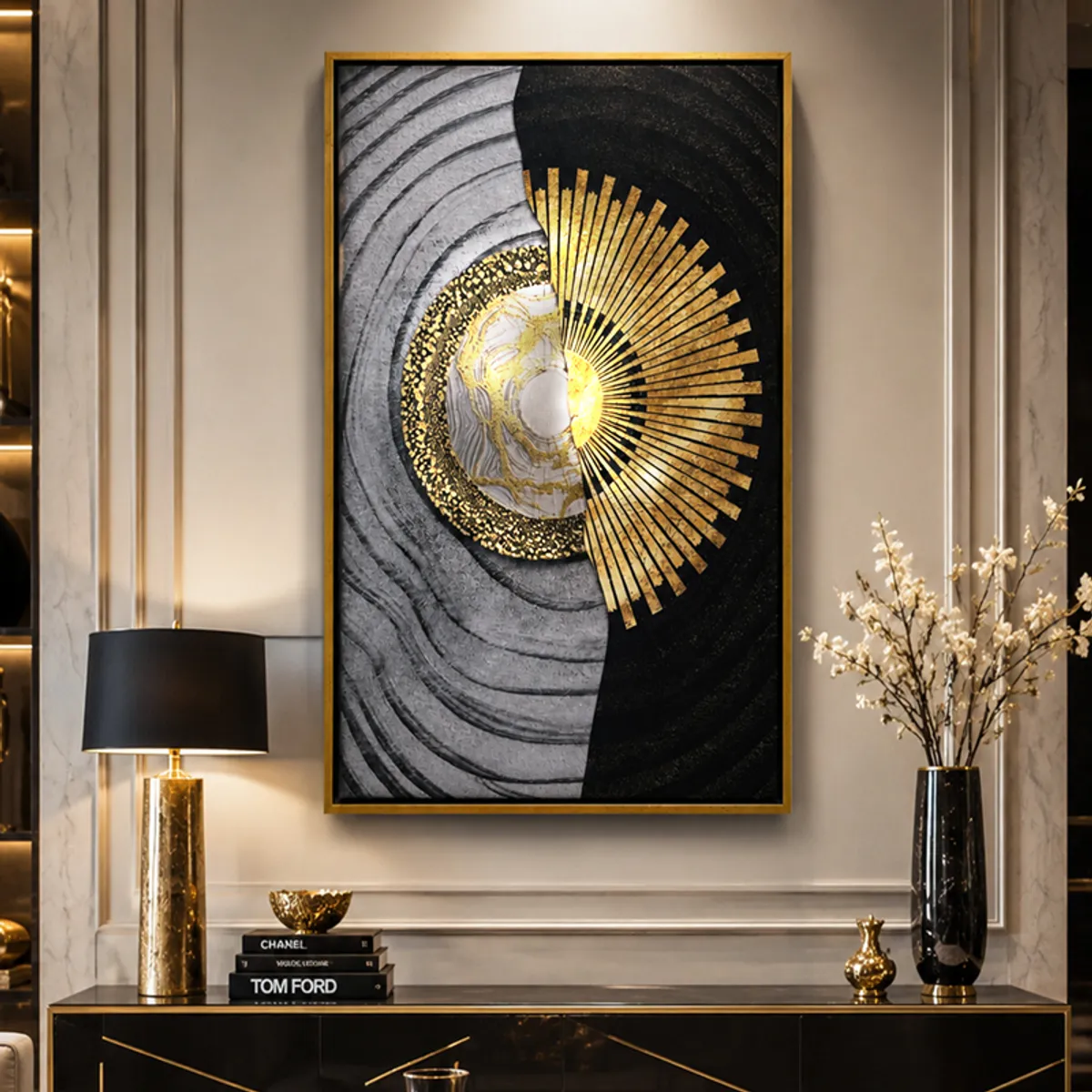Rectangular abstract canvas wall art with gold frame displayed above a console