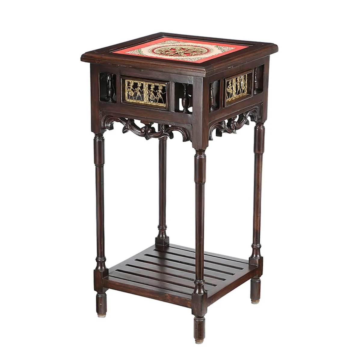 Onyx teak wood side table with square top and lower shelf on white background