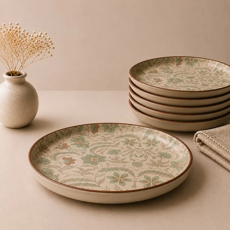 Floral ceramic dinner plate with stacked matching plates in the background