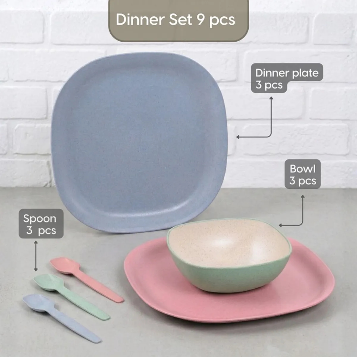 Pastel dinner set with square plate, bowl and three matching spoons