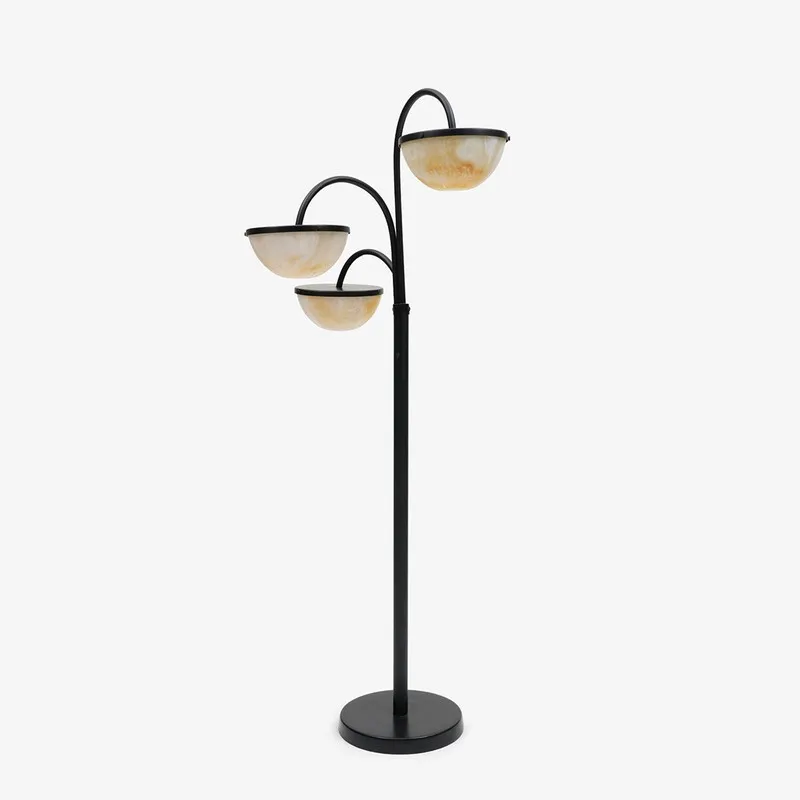 Luna triple-arm floor lamp with black stand and three semi-sphere shades