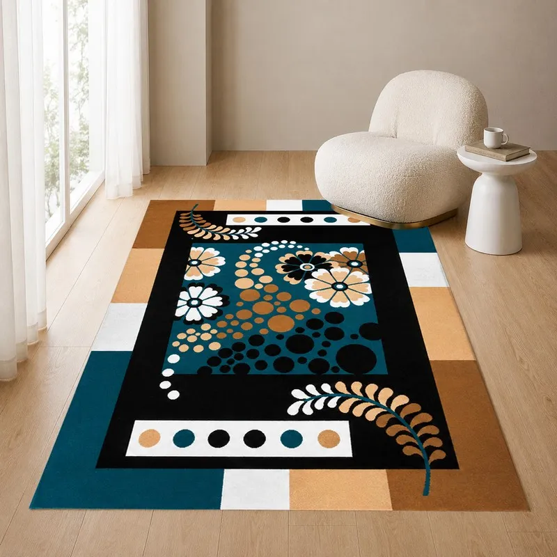 Blue and beige patterned rectangular carpet styled in a modern room