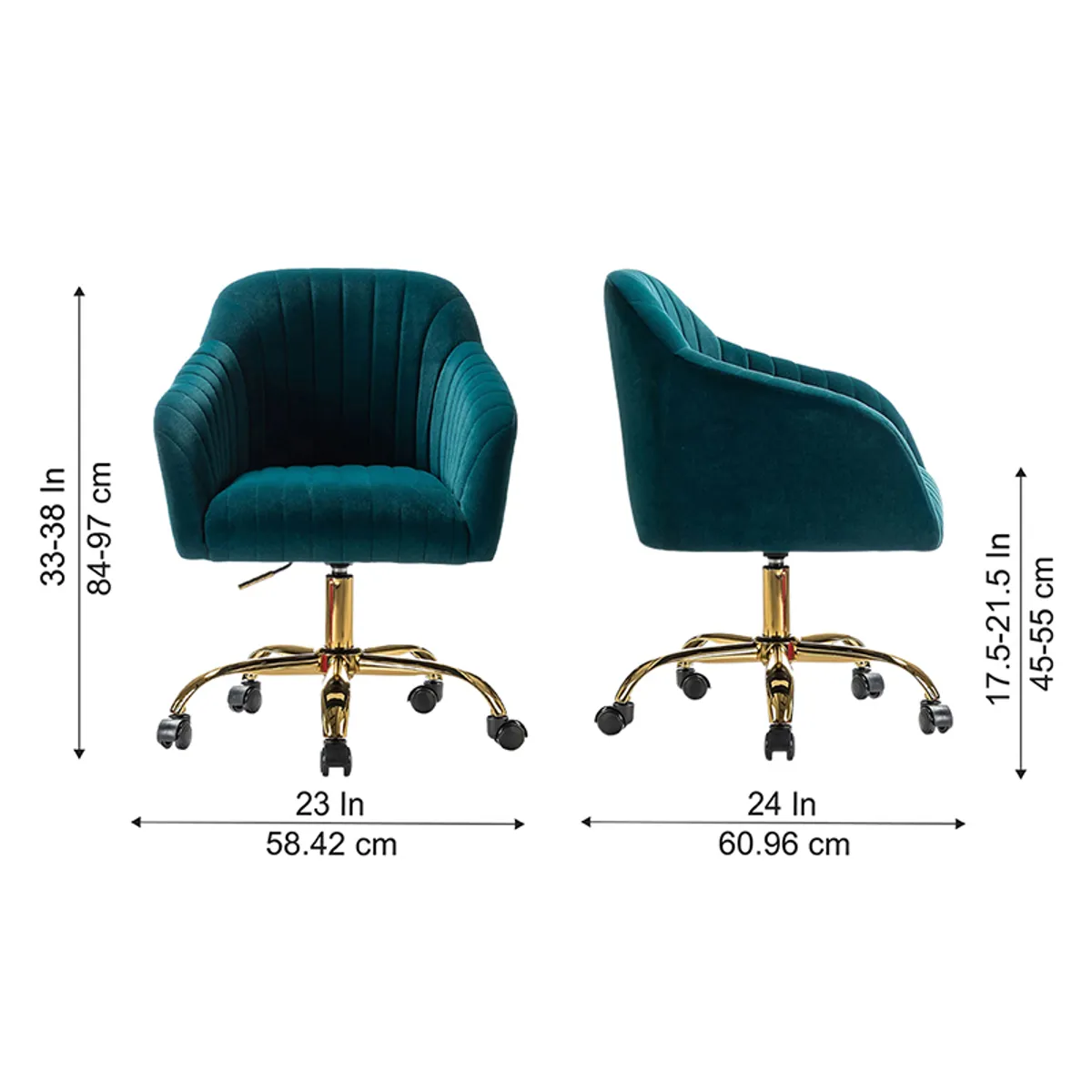 Front and side views of a teal office chair with visible height and width measurements
