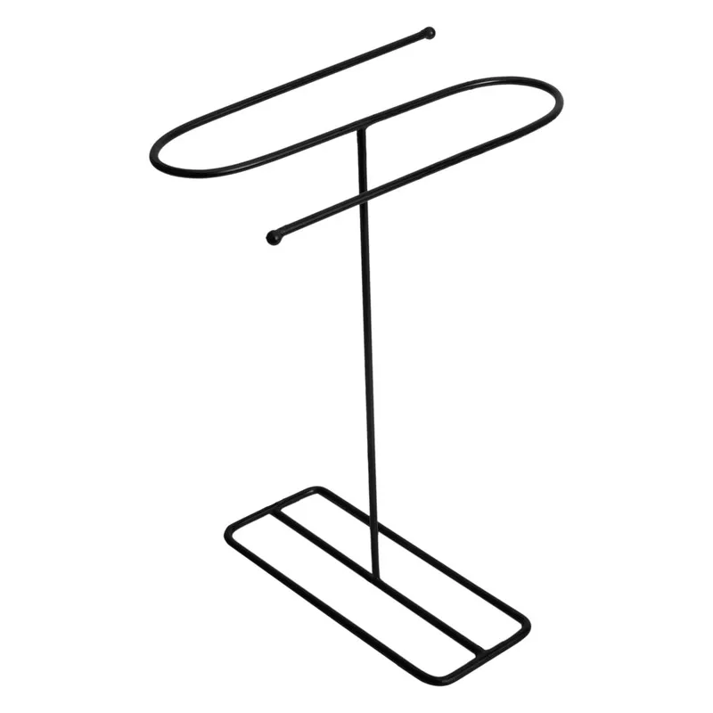 Standalone black iron 2-tier towel hanger showing its cross-frame base