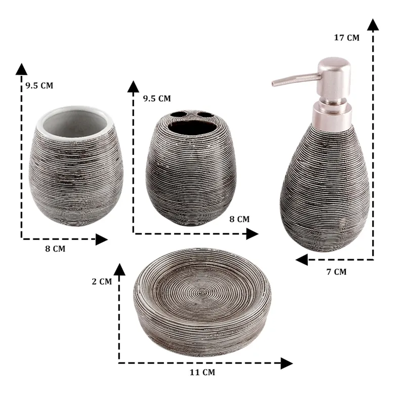 Black ceramic bathroom set shown with measurements for each piece