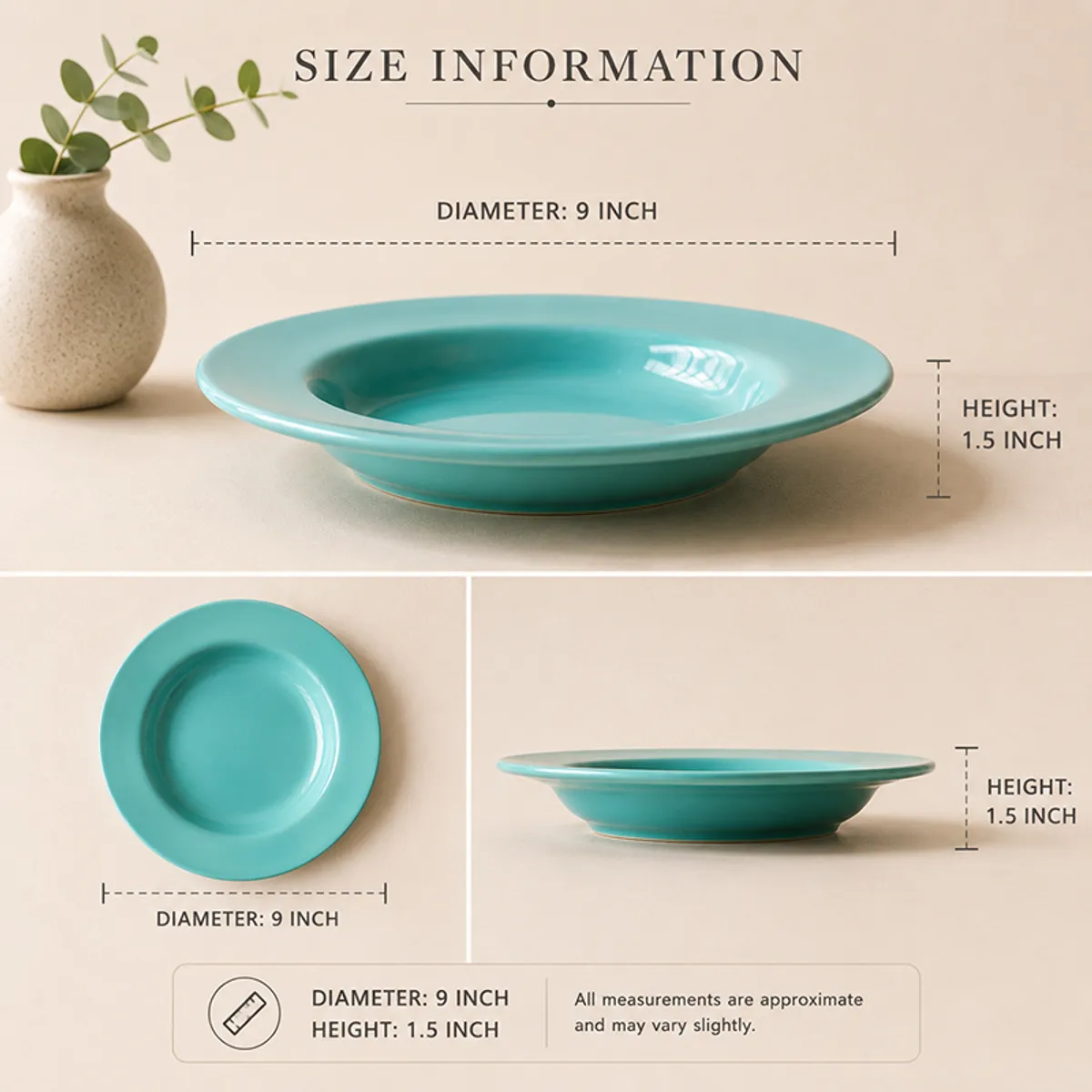 Teal pasta plate shown with diameter and height measurements