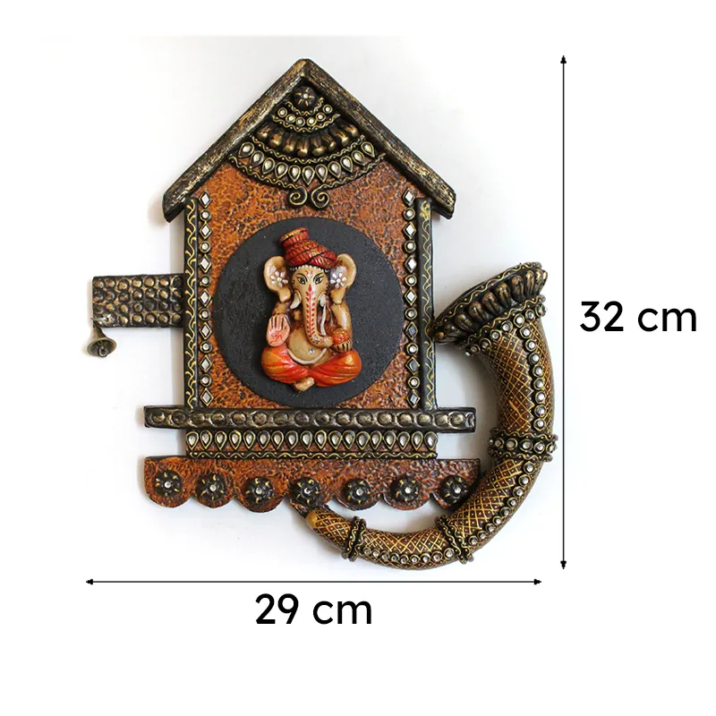 Ganesha wall accent shown with marked dimensions on a white background