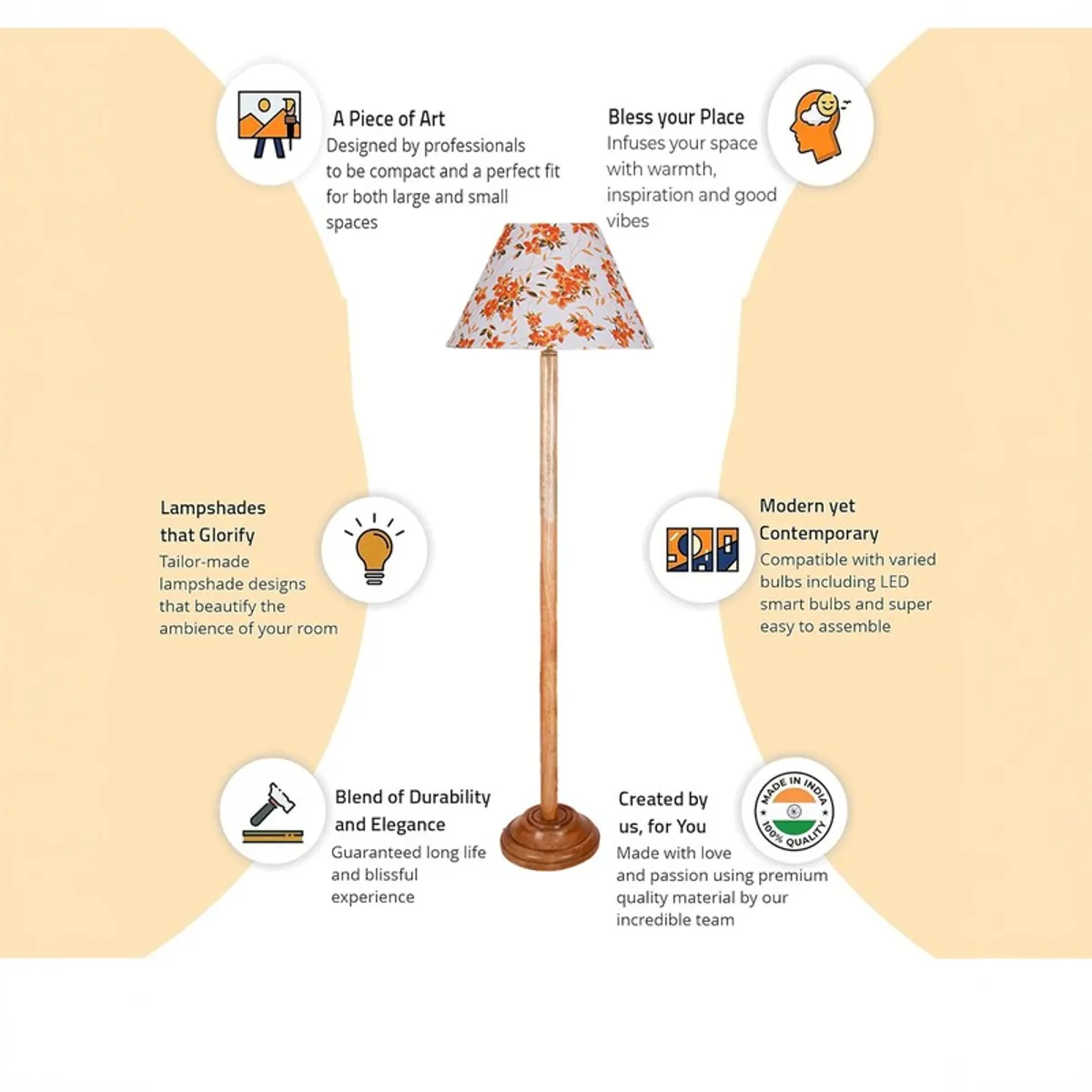 Promotional graphic showing the floral wooden floor lamp with illustrated callouts