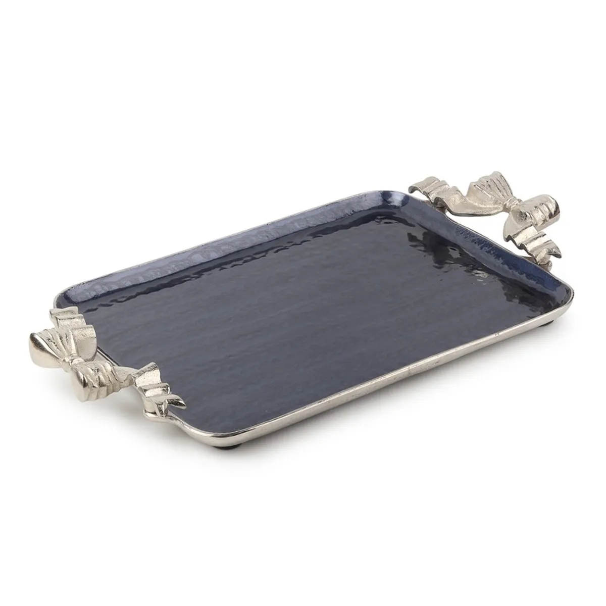 Angled view of a blue serving tray showing its raised rim and silver decorative handles