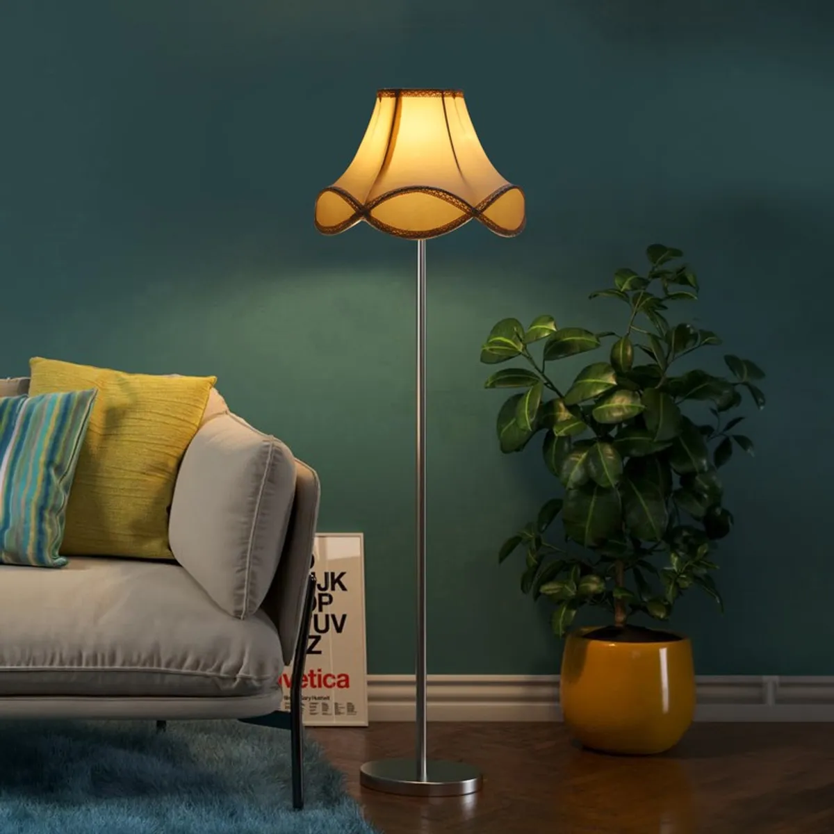 White wave shade floor lamp with a slim silver stand in a living room